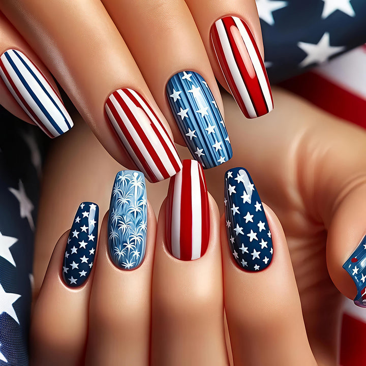 Artificial nails with patriotic stars and stripes design Stornfield