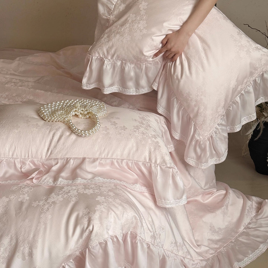 Ruffled Satin-Jacquard Duvet Cover Set with Scalloped Lace-Trim Pillow Shams