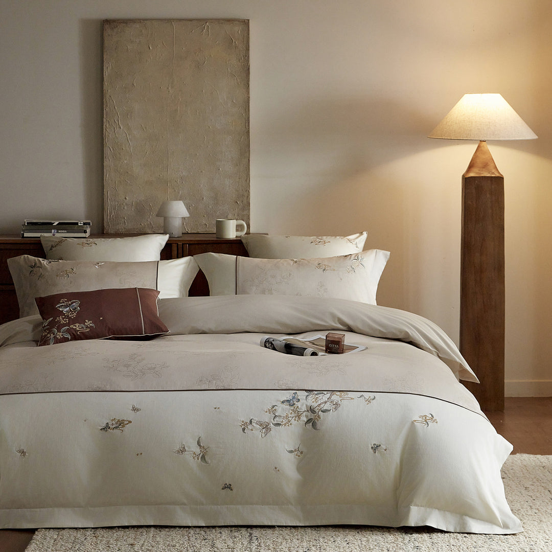 Embroidered Floral Cotton Sateen Duvet Cover Set