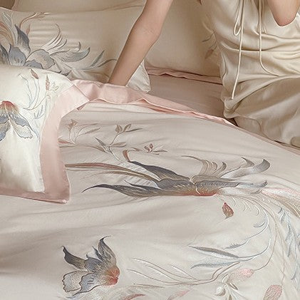Embroidered Satin-Blend Floral Duvet Cover Set with Reversible Silky Back & Satin Border