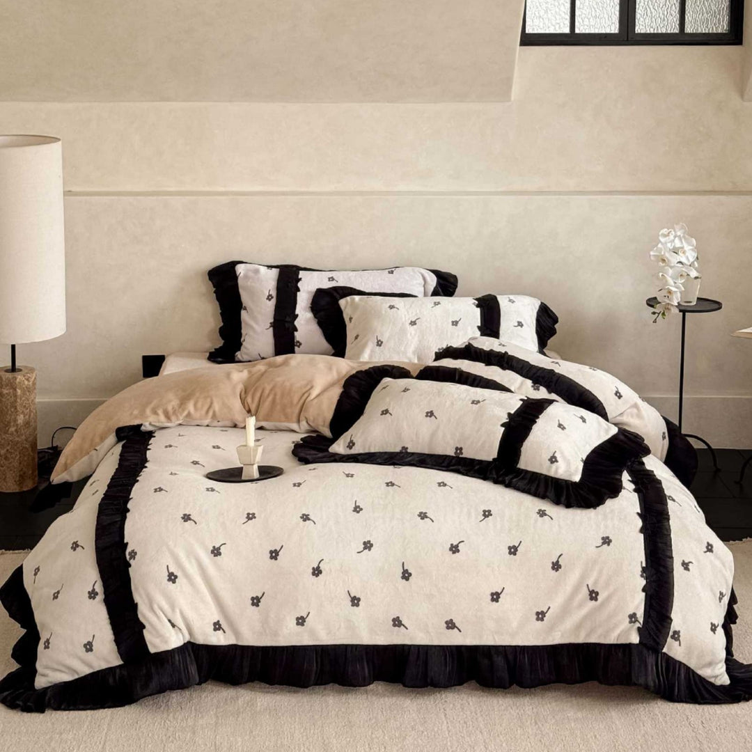 Ruffled-Trim Floral Embroidered Cotton Duvet Cover Set with Pillow Shams