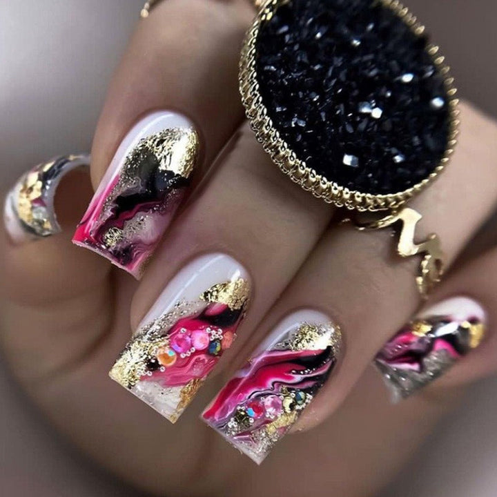 Artificial Nails in Luxurious Marble Design with Colored Accents Stornfield