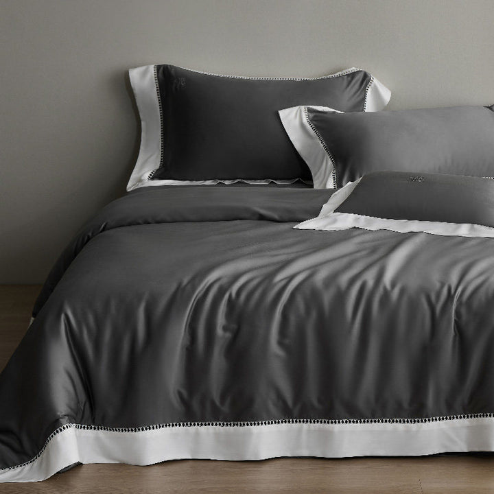Luxury Sateen Duvet Cover Set with Contrast Hem and Eyelet-Embroidered Shams