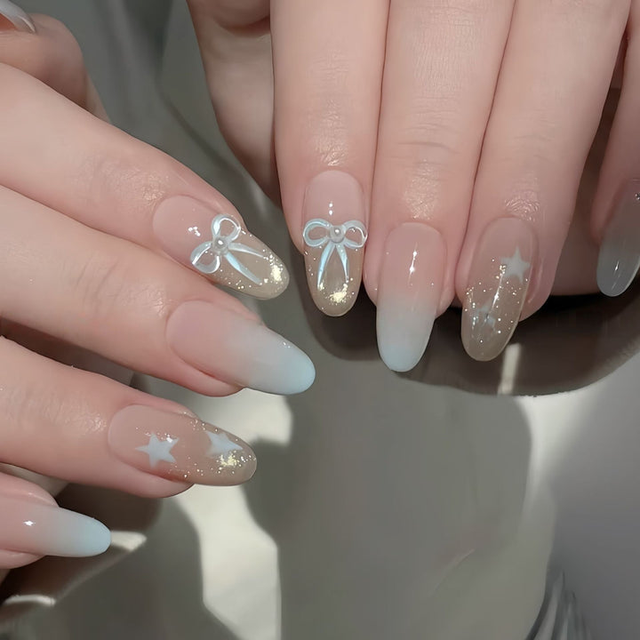 Elegant Artificial Nail Set with Bow and Star Designs Stornfield