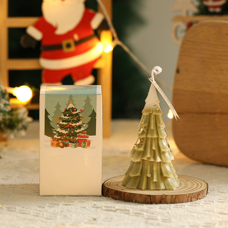 Festive Layered Pine-Needle Textured Decorative Tabletop Wax Tree Candle