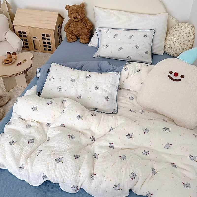 Muslin Cotton Quilted Duvet Cover Set with Whimsical Animal Print and Piped Edge