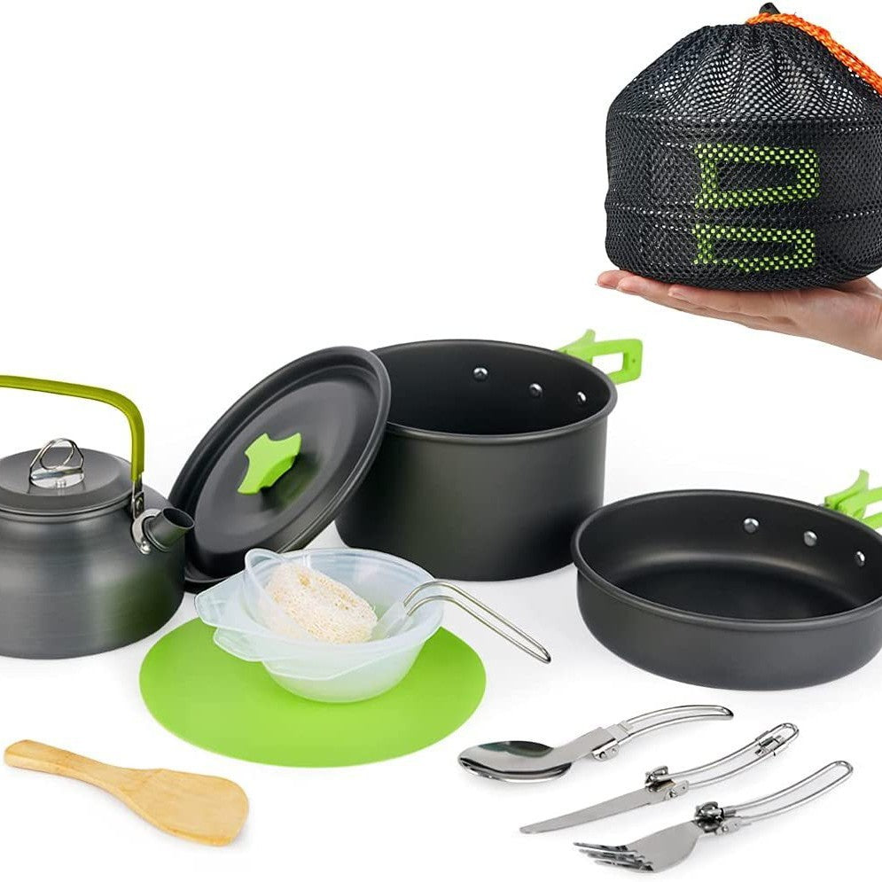 lightweight non-stick camping cookware set with folding handles kettle pot pan utensils and mesh carry bag Stornfield