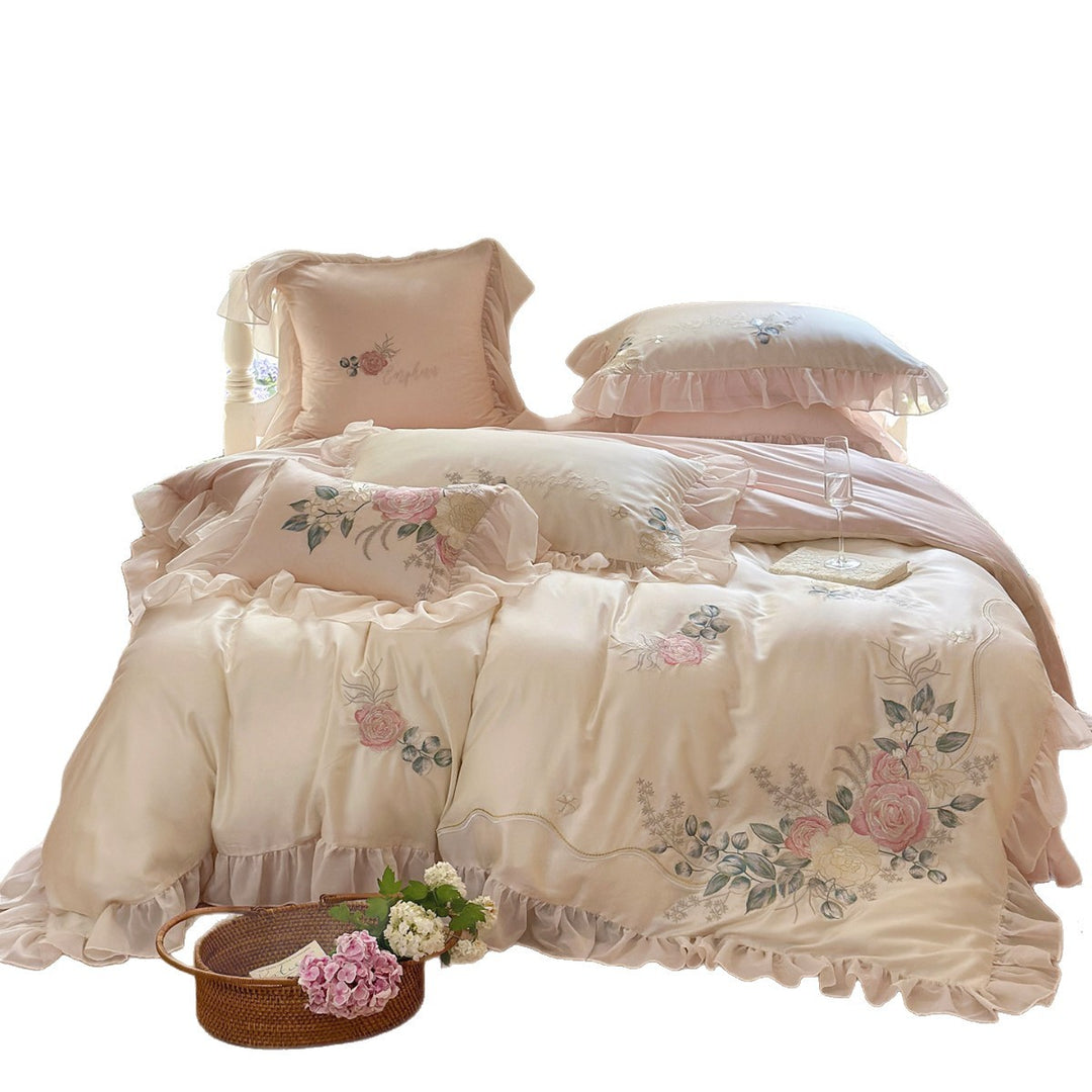 Rose-Embroidered Ruffled Satin-Feel Duvet Cover Ensemble with Decorative Frill and Pillow Shams
