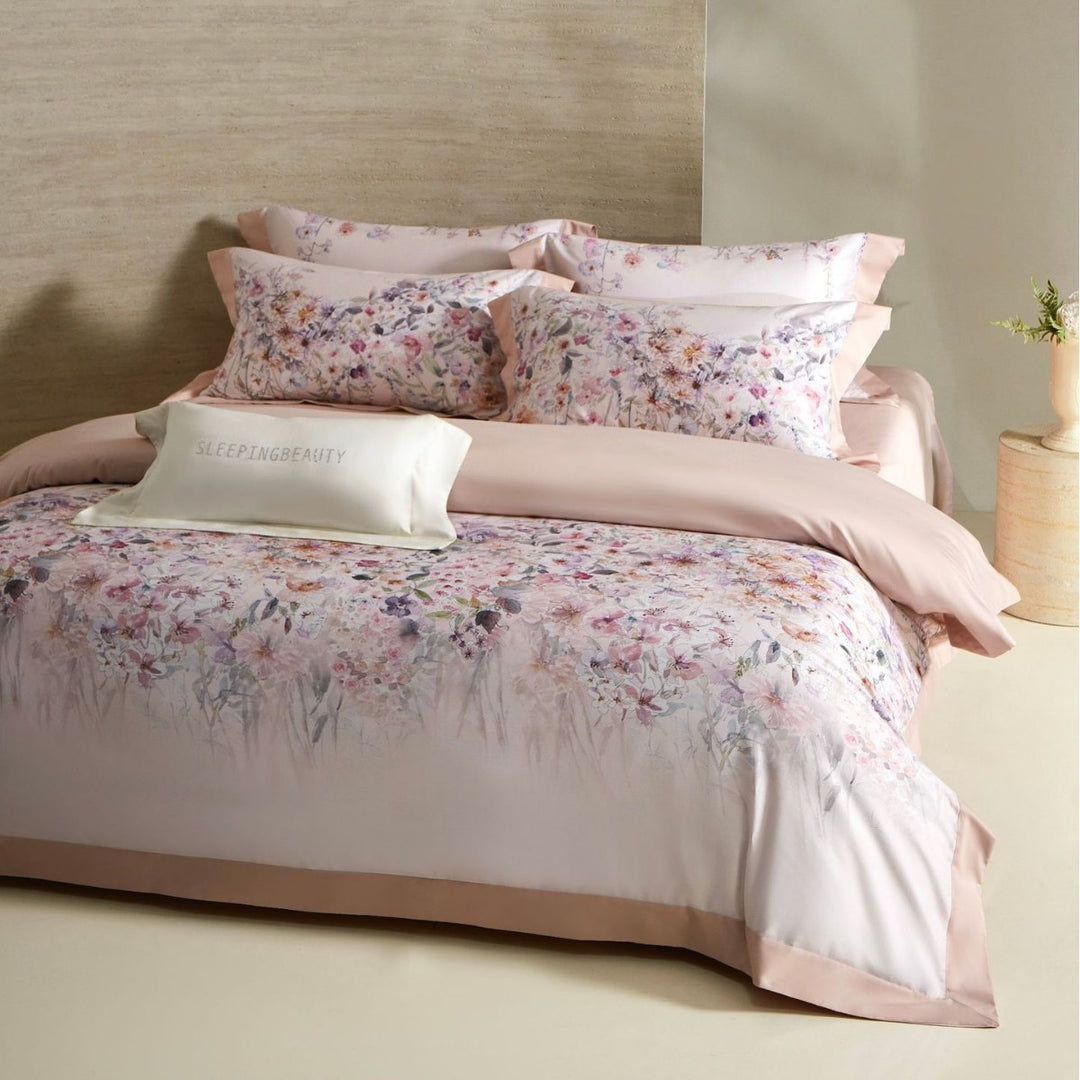 Luxury Floral Cotton Sateen Duvet Cover Set with Contrast Hem and Pillow Shams