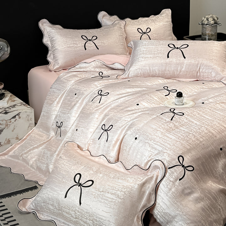 Satin-Weave Embroidered Bow Duvet Cover and Shams Set
