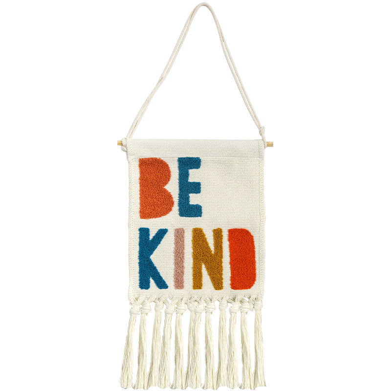 Boho wall hanging made of woven cotton with hand-tufted appliqués and fringes Stornfield