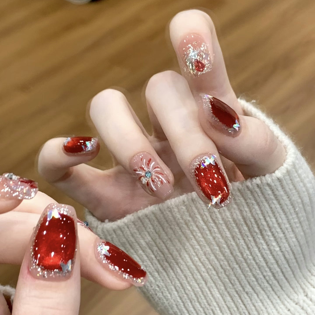 Artistic Press-On Nail Set with Glitter and Star Accents Stornfield
