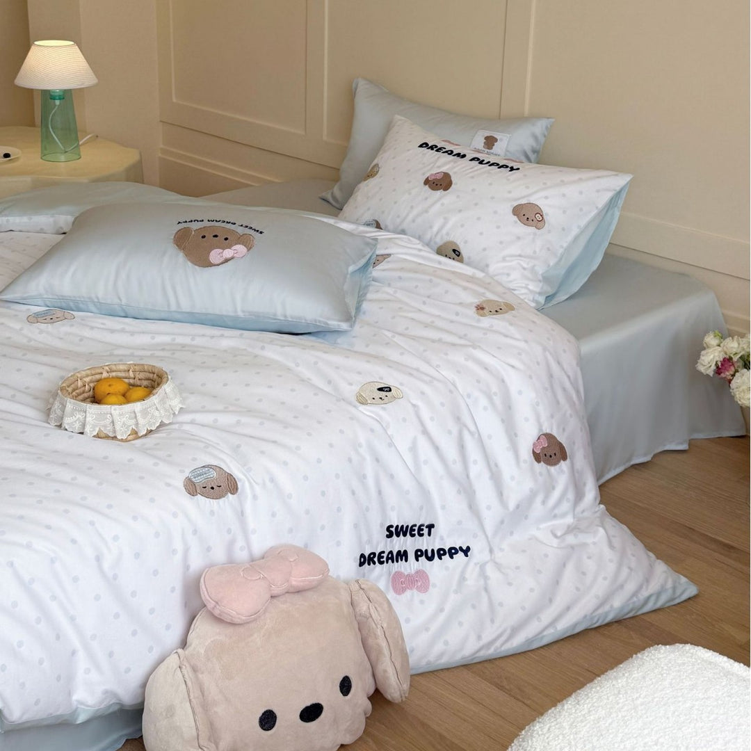 Romantic cotton satin bedding set with cute puppy embroidery and extra soft finish