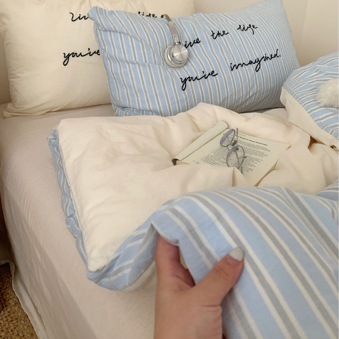 Reversible Cotton Duvet Cover Set with Script-Embroidered Pillowcases and Deep-Pocket Fitted Sheet
