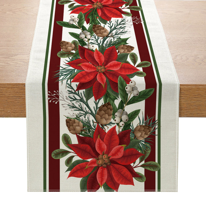 Holiday Buffalo-Check Cotton-Linen Decorative Table Runner with Golden Bells Wreath and Candy Cane Motif