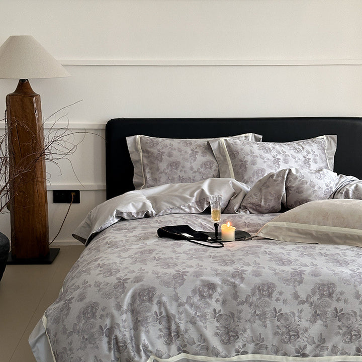 Floral Jacquard Cotton-Sateen Duvet Cover Set with Contrast Hem and Pillow Shams