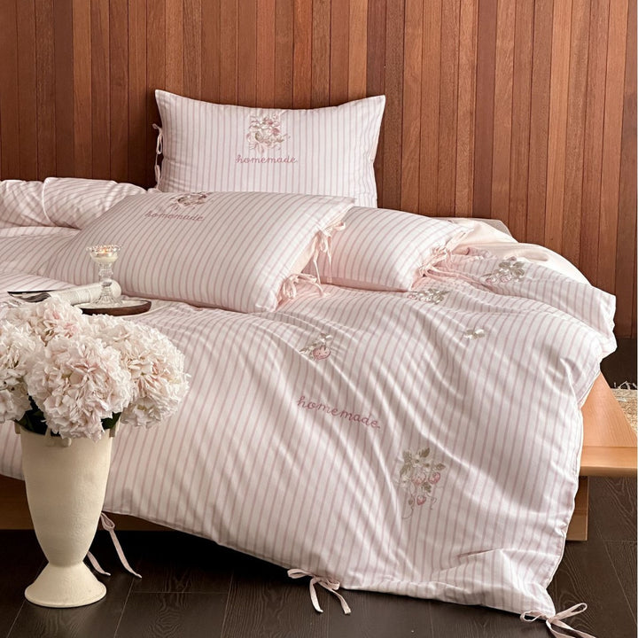 Striped cotton satin bedding set with floral hand embroidery and ties