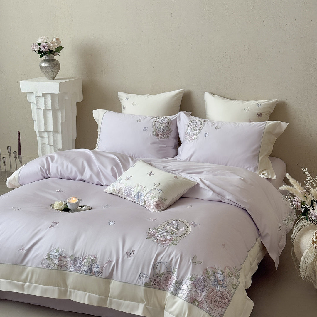 Embroidered Floral Cotton Sateen Duvet Cover Ensemble with Decorative Pillow Shams