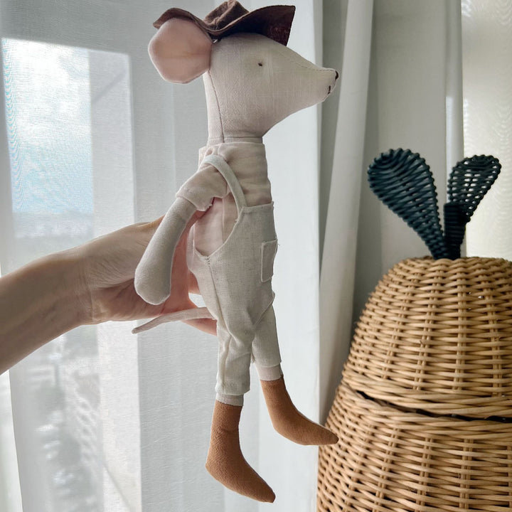 Handcrafted Long-Legged Linen Mouse Plush Doll with Striped Romper