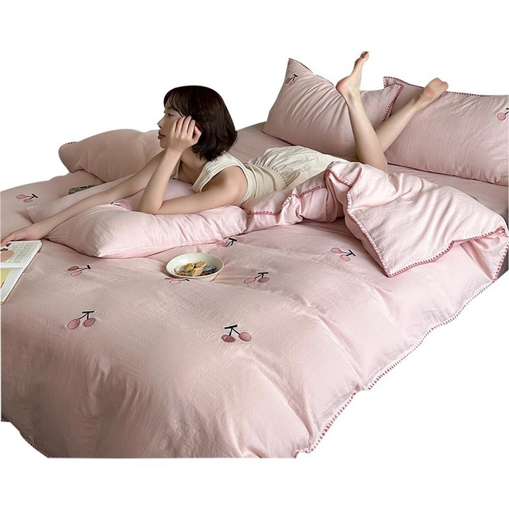 Cherry Embroidered Cotton-Linen Duvet Cover Bedding Set with Decorative Pillow Shams