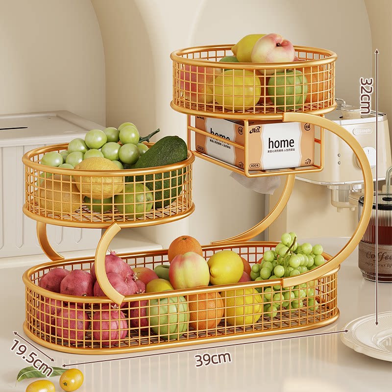 Multi-Level Spiral Metal Fruit and Produce Storage Stand with Mesh Baskets and Tissue Box Shelf