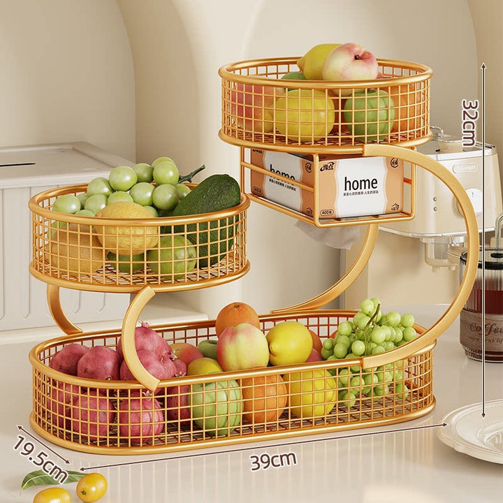 Multi-Level Spiral Metal Fruit and Produce Storage Stand with Mesh Baskets and Tissue Box Shelf