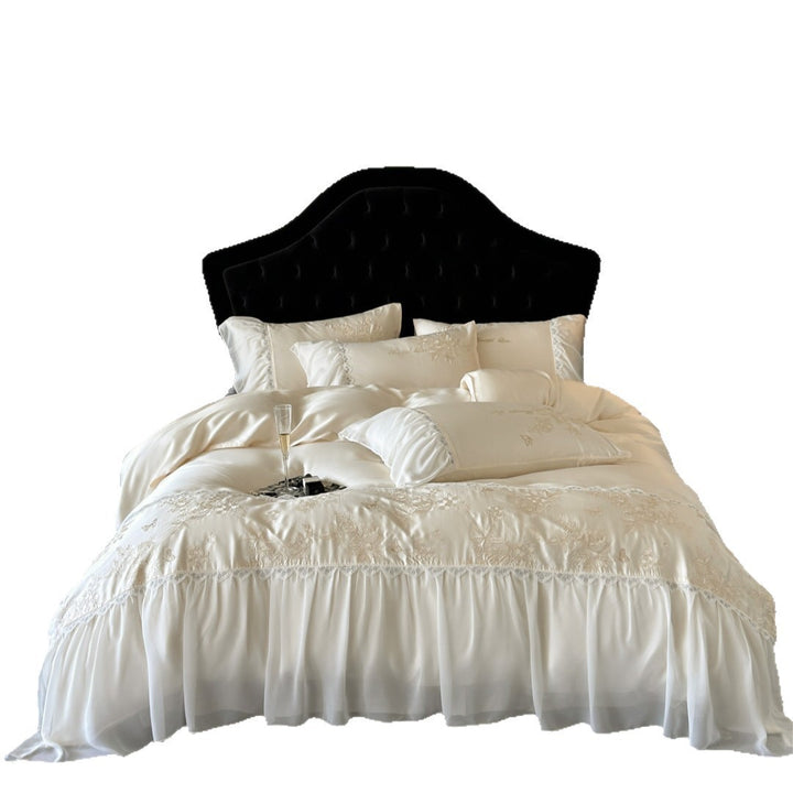 Embroidered Satin-Blend Duvet Cover Set with Layered Ruffled Bedskirt and Lace-Trim
