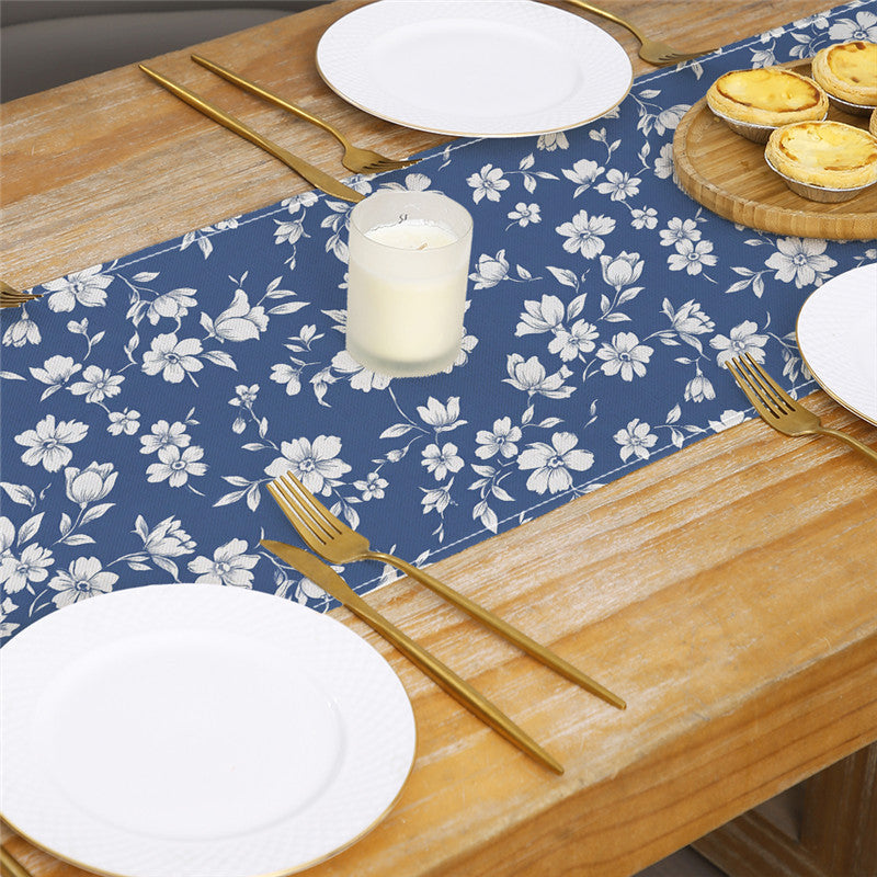 Decorative Cotton-Linen Table Runner with Printed Floral Bouquet Pattern
