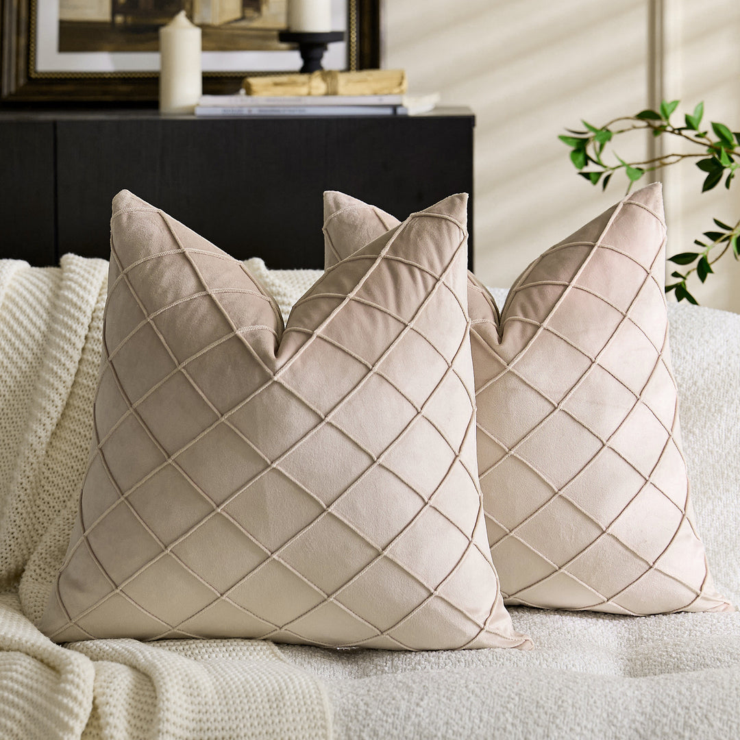 Quilted Diamond Velvet Throw Pillow Cover with Hidden Zipper and Plush Insert Support