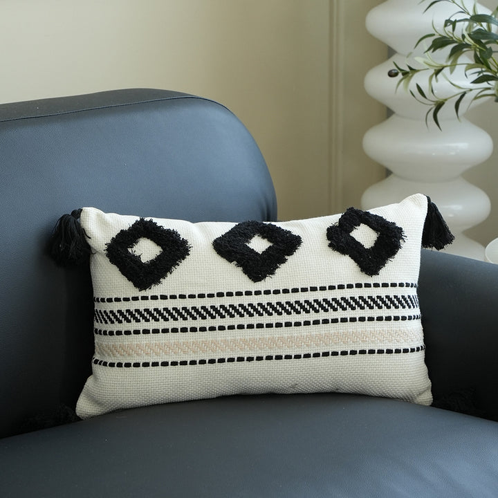 Rectangular Woven Lumbar Decorative Pillow with Tufted Diamonds and Tassels