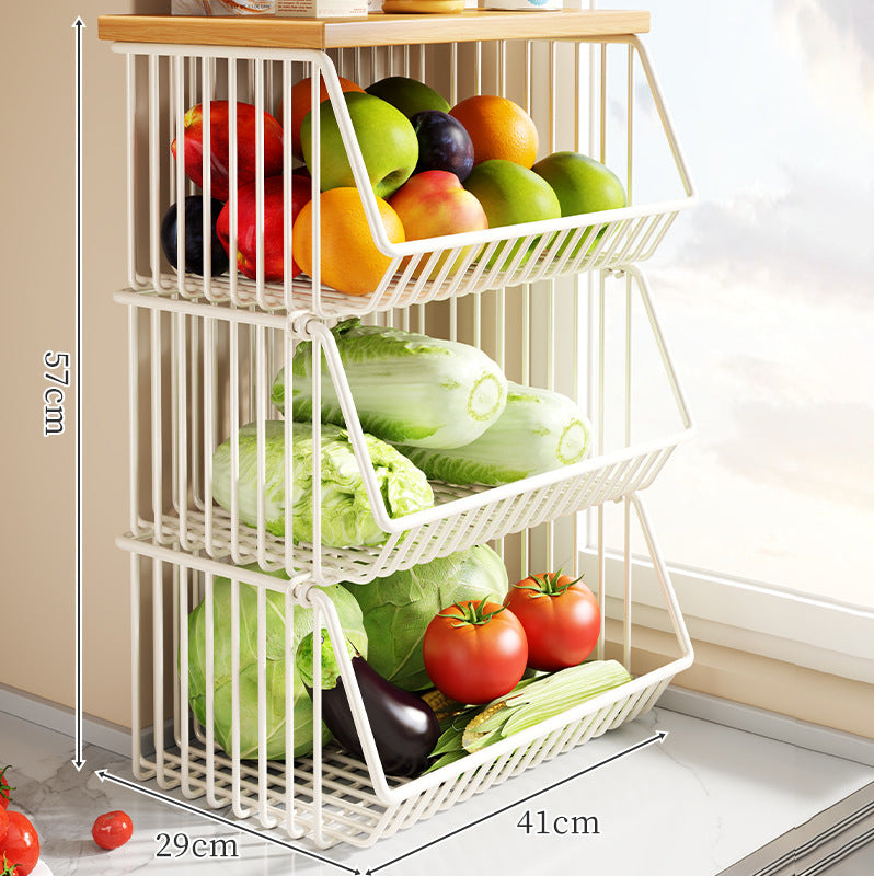 Countertop Wooden-Top Metal Wire Produce Storage Basket with Front-Tilt Access