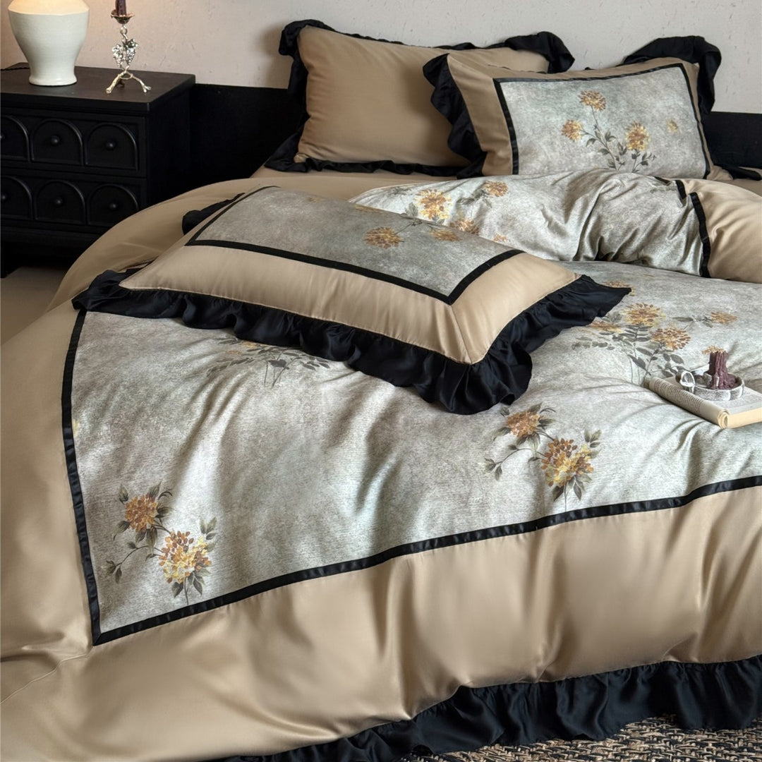 Luxury Ruffled Satin Floral Duvet Cover Set with Pillow Shams