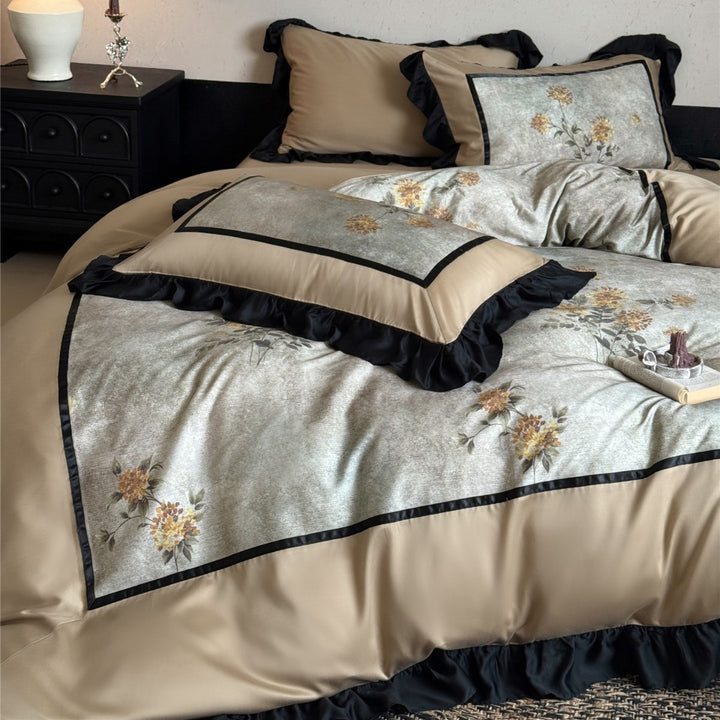 Luxury Ruffled Satin Floral Duvet Cover Set with Pillow Shams