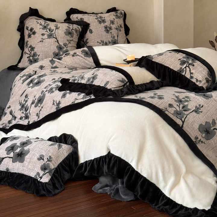 Quilted Floral Embroidered Duvet Cover Set with Velvet Ruffle Trim
