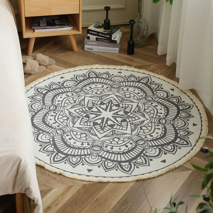 Beef Boho Cotton Rug with Mandala Print and Fringe Edge