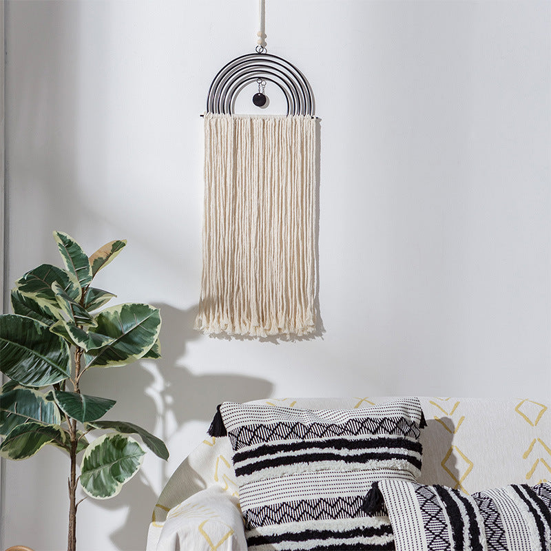 Boho macrame wall hanging with semicircle metal frame and long fringes Stornfield