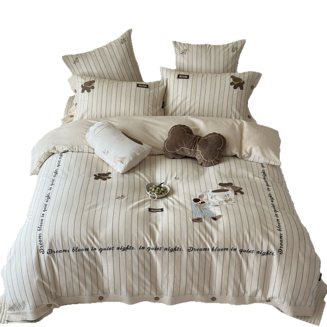 Embroidered Cotton-Linen Duvet Cover Set with Playful Cat and Rose Motif
