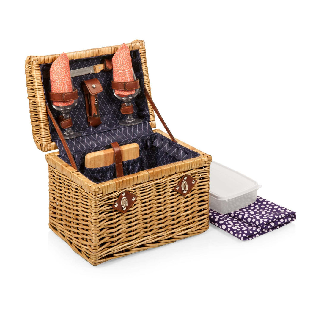Ladies picnic basket with stylish glasses and wooden boards Stornfield