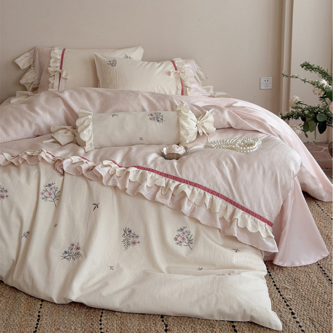 Floral Embroidered Ruffled Duvet Cover Set with Decorative Bolster Pillow