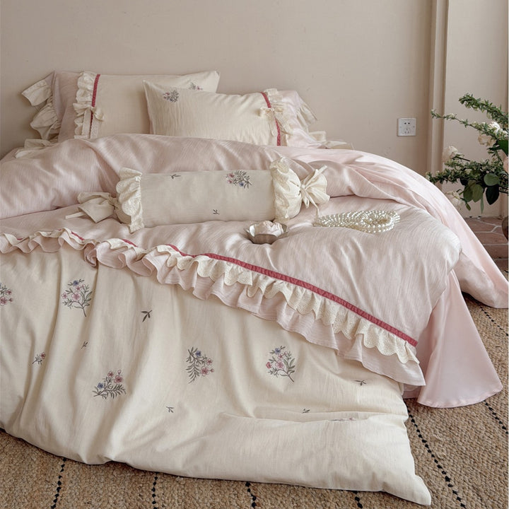 Floral Embroidered Ruffled Duvet Cover Set with Decorative Bolster Pillow