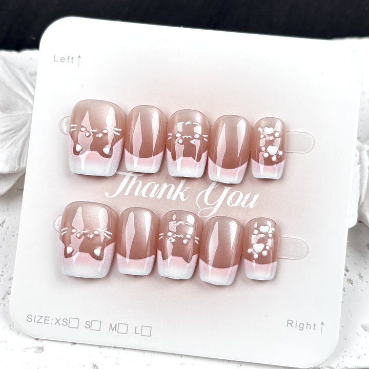Artistic Press-On Nail Set with Whimsical Cat Designs