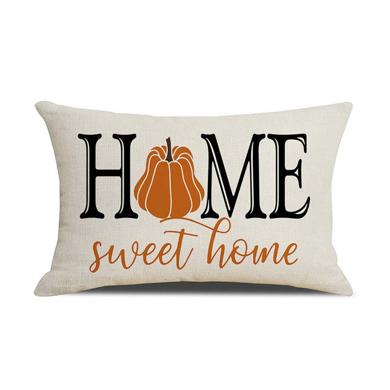 Rectangular Linen-Cotton Decorative Pillow Cover with Polka Dot Background and Autumn Pumpkin Floral Print