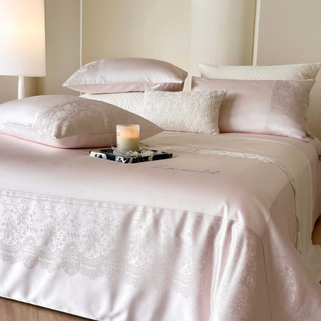 Luxury Jacquard Satin Bedspread and Duvet Cover Ensemble with Lace-Edge Skirt
