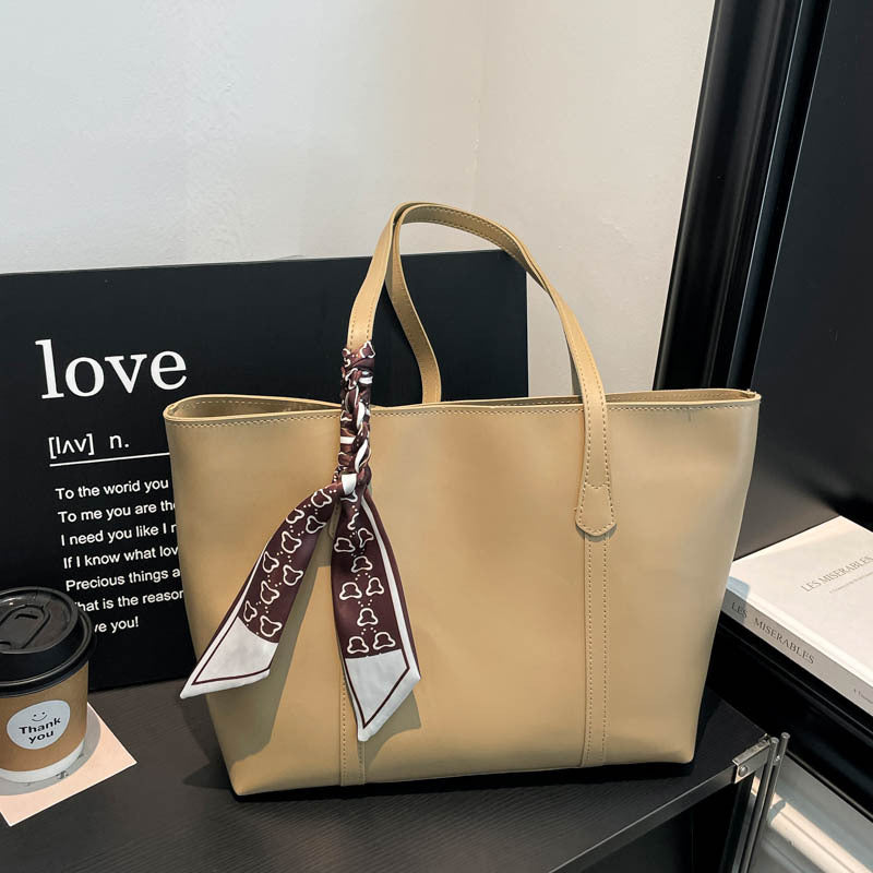 Classic Leather Tote Bag with Decorative Scarf