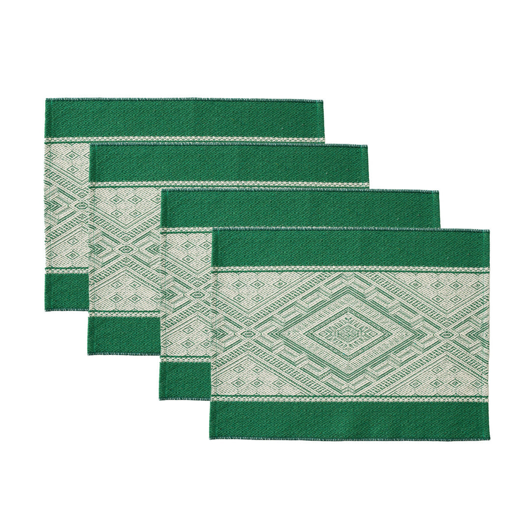 Woven rectangular table mats in a set with ethnic geometric pattern and easy-care cotton blend