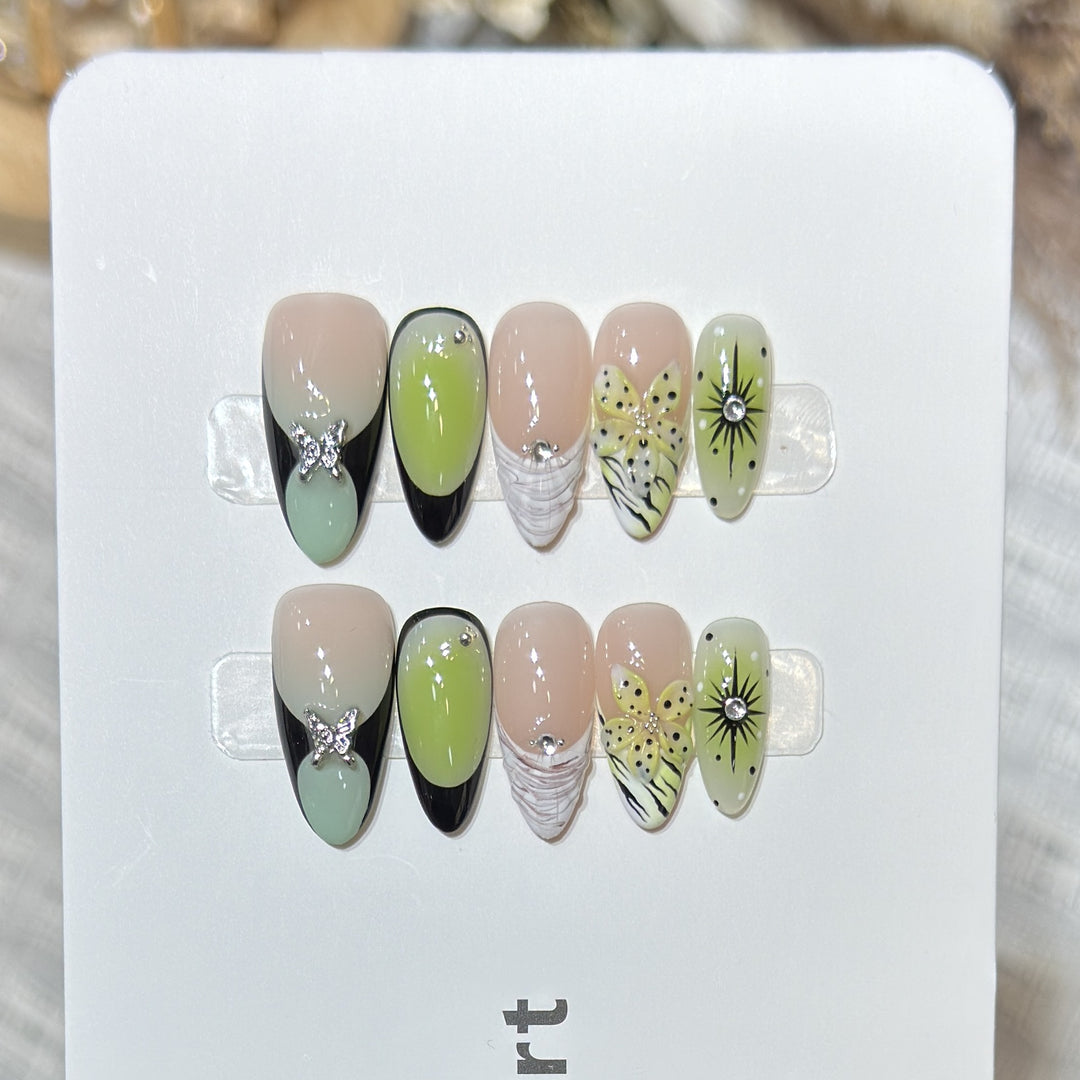 Artistic Press-On Nail Set with Butterfly and Floral Designs Stornfield