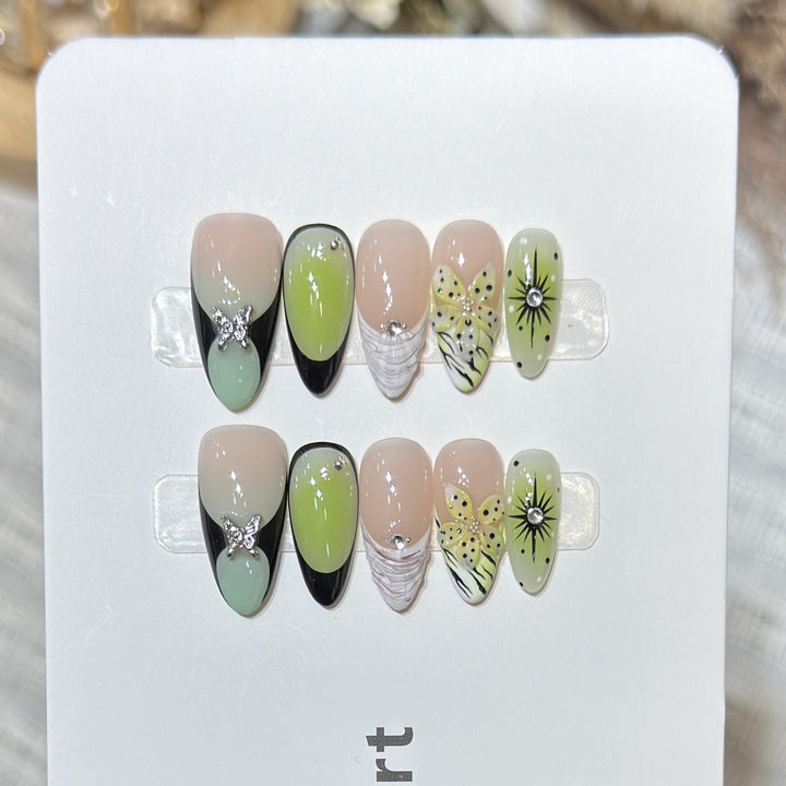 Artistic Press-On Nail Set with Butterfly and Floral Designs Stornfield