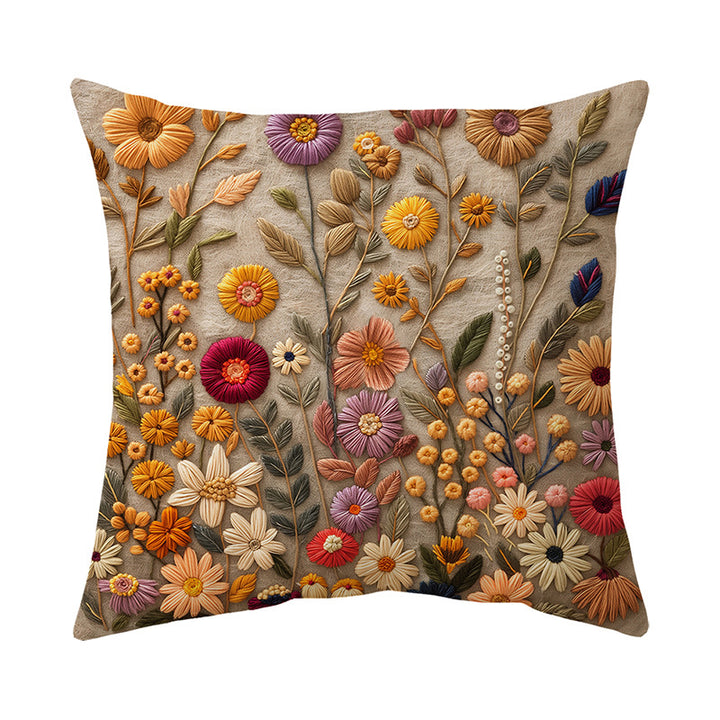 Embroidered Wildflower Raised-Texture Square Throw Pillow Cover