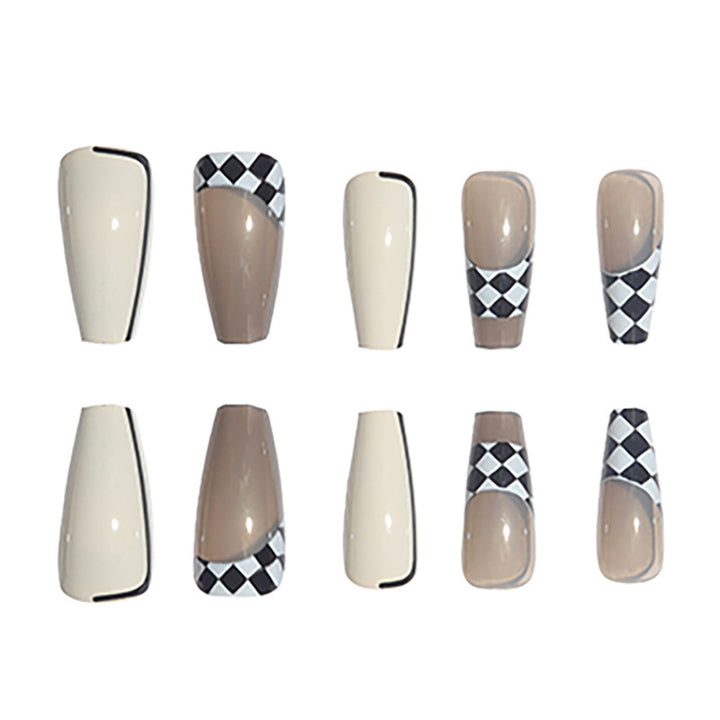 Trendy Long Press-On Nail Set with Checkerboard and Solid Design Stornfield