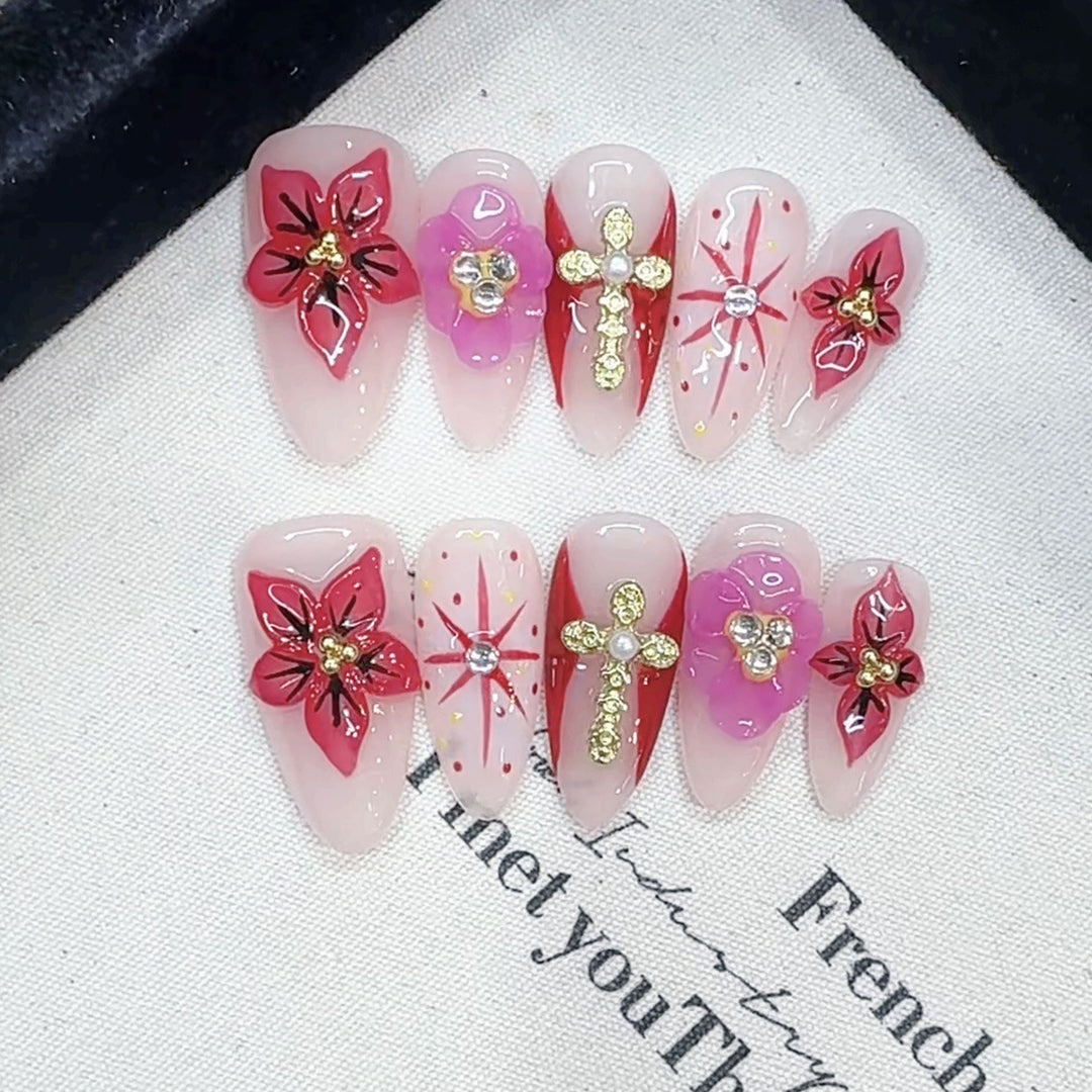 Artistic Floral and Gemstone-Embellished Press-On Nails Stornfield